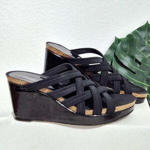 Donald J Pliner Strappy Espadrille Wedges, Glossy Black  w Cork Platform, Sz 7